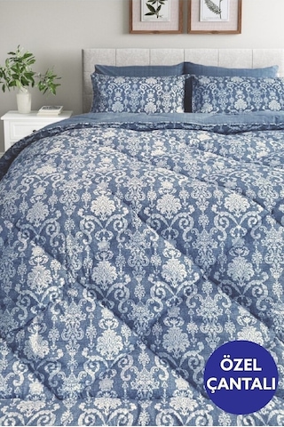 Lux Uyku Seti-tek Kişilik-lastikli Çarşaflı 2yastık Kılıflı-özel Çantada Modern Damask İndigo