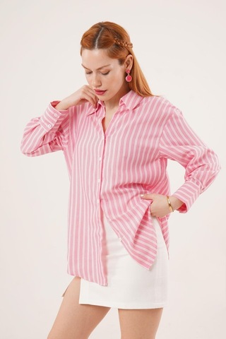 Çift Çizgi Geçişli Düğmeli Pembe Gömlek Karışık Çok Renkli
