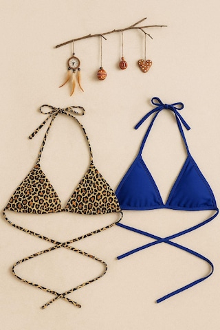 Angbutik Kadın Leopar Desenli Ve Mavi Minimal Kesim Üçgen Bikini Üstü Çok Renkli