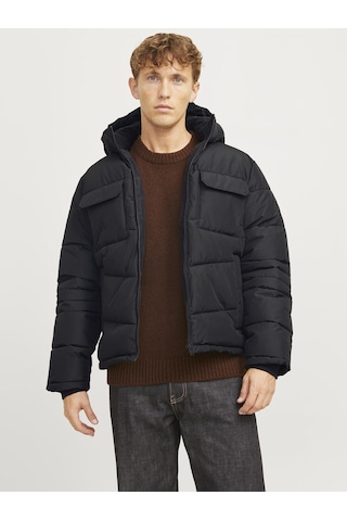 Erkek Kapüsonlu Fermuarli Puffer Mont - Build Black Siyah