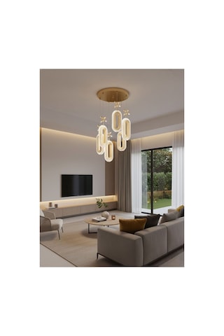Lumia Lighting Aurea Model 4'lü Gold Kumandalı 3 Renk Modu Ledli Kristal Taşlı Modern Salon Mutfak Oturma Odası Led Avize Altın
