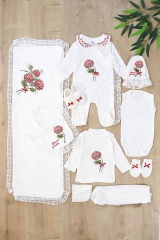 Sitilin Kız Bebek Ortanca Natural 10 Lu Hastane Çıkışı Kanaviçe Çiçek Desen Stl4576 Kırmızı