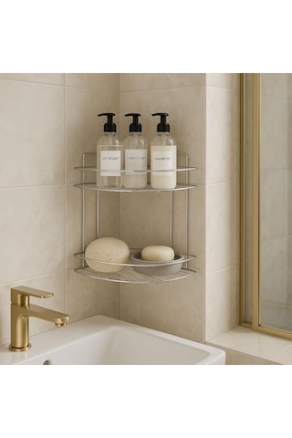 İki Katlı Krom Banyo Duş Köşe Rafı Paslanmaz Metal Şampuanlık Duvar Montajlı Düzenleyici Raf Seti Diğer