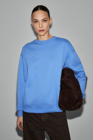 Grimelange Vaneltına Kadın Organik Pamuklu Yumuşacık İçi Polarlı Yuvarlak Yakalı Mavi Sweatshirt Mavi