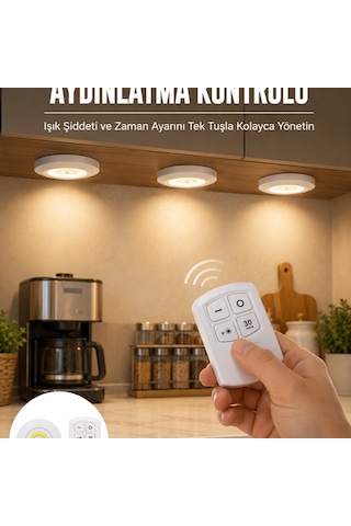 Spot Lamba Led Işık 3'lü Uzaktan Kumandalı Pilli Yapışkanlı Kablosuz Yeni Nesil