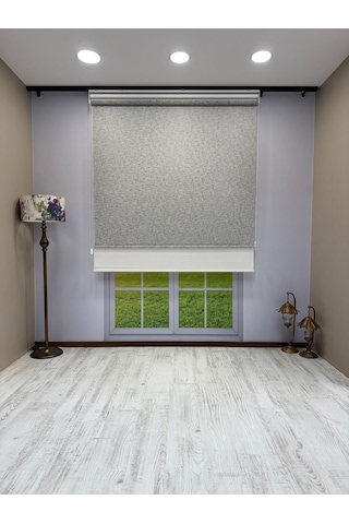 Çift Mekanizmalı Gri Çizgili Desenli Tül Ve Beyaz Stor Perde - İthal Mat Polyester Gri