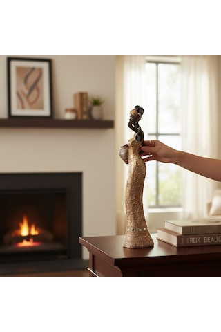 Lüks İşlemeli Geleneksel Yerel Kıyafetli Afrikalı Kadın Heykeli Dekoratif Biblo Ev Ofis Hediyesi Md1