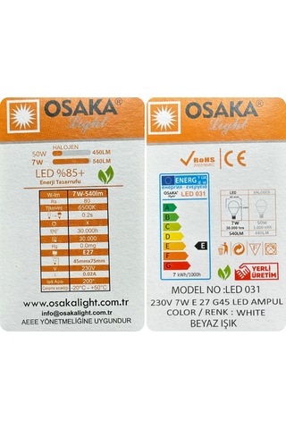 1 Adet Osaka 7w 50w Beyaz Işık 6500k E27 Duylu Kalın Duy Led Mini Ampul