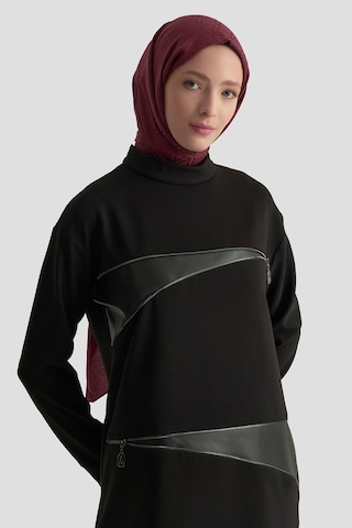 Armine Trend Deri Ve Fermuar Detaylı Fitilli Tunik Siyah 25kt452 Siyah