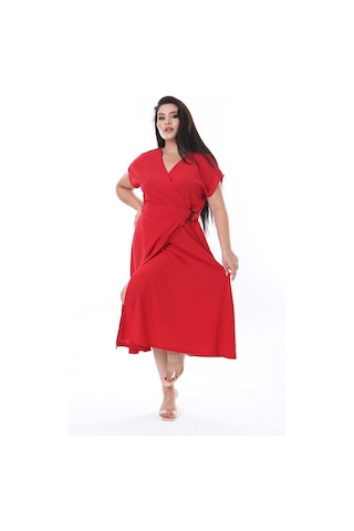 Kadın Büyük Beden Kırmızı Bürümcük Kumaş Beli Tokalı Anvelop Elbise 65n38314-kırmızı Kırmızı
