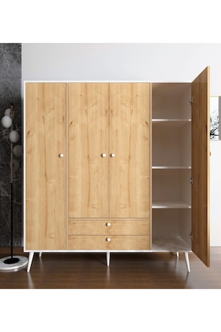 Floradesign Riva Elbise Dolabı 4 Kapaklı Çekmeceli Dolap Gardırop /meşe / Beyaz Meşe -beyaz