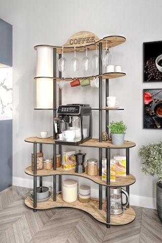 Brew-blıss Mutlu Kahve Köşesi-çok Amaçlı Mutfak Rafı Safir Meşe-lambader Aydınlatmalı Meşe