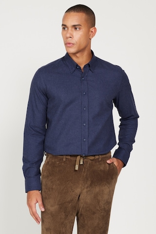 AC&Co / Altınyıldız Classics Erkek Lacı Recycle Slim Fit Dar Kesim Gizli Düğmeli Yaka Pamuklu Flanel Oduncu Gömlek Lacivert