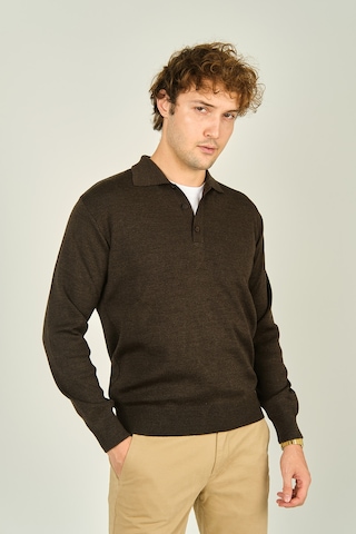 Ateş Triko Erkek Polo Yaka Düğmeli Yün Kazak 6091023 Koyu Kahve Koyu Kahve Koyu Kahverengi