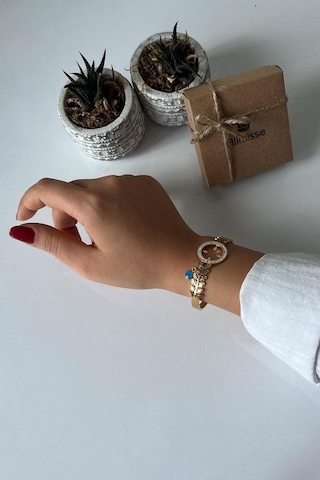 Allmisse Altın Kaplama Çeyrek Altın Takılan Yaprak Desenli Çelik Kelepçe Bileklik - Altın