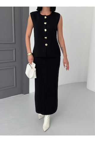 Kadın Düğme Detaylı Yelek Uzun Etek Alt Üst Triko Takım Siyah