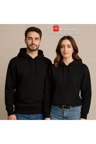 Nevermind Sevgili Çift Kombin Hoodie Yüz Kalp Baskılı Oversize Kapüşonlu Sw Siyah