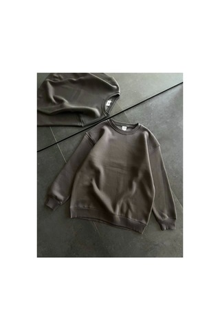 Butik İstanbul Kışlık Bisiklet Yaka Üç İplik Basic Sweatshirt - Füme