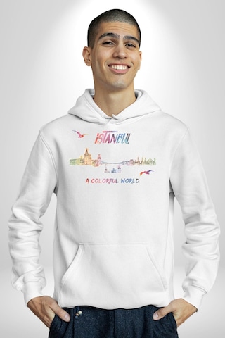 İstanbul Özel Tasarım Kadın Erkek Beyaz Kapüşonlu Sweatshirt Hoodie Beyaz