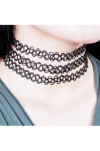 kolye Tattoo Choker Elastik Kolye ( 3 Adet ) Siyah