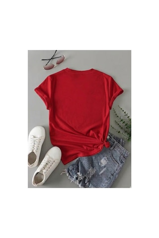 Kadın Time To Travel Baskılı %100 Pamuklu T-shirt Kırmızı