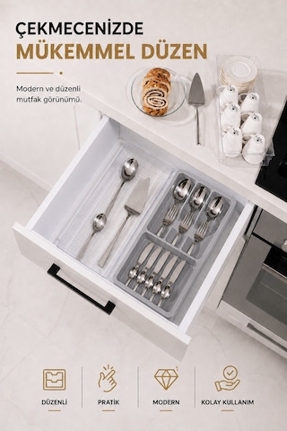 Çekmece İçi Kaşıklık Organizer Bölmeli Mutfak Düzenleyici Gri S-11030 Beyaz
