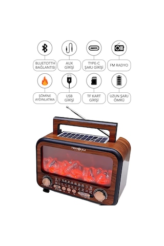 Nostaljik Radyo Şömine Görünümlü Müzik Kutusu Retro Ahşap -bluetooth Hoparlör Speaker & Usb Destekli Fp-2393