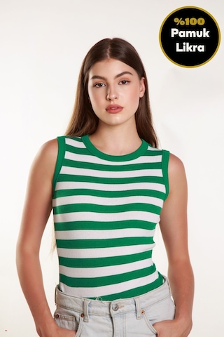 Kadın Yeşil Beyaz Çizgili Fitilli Likralı Sıfır Kol Bisiklet Yaka Örme Atlet Tshirt Bluz Yeşil - Beyaz