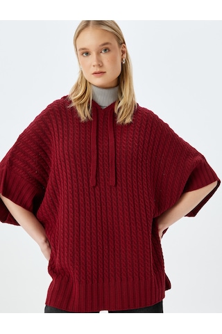 Koton Oversize Triko Panço Kapüşonlu Örgü Dokulu Kısa Kollu Bordo 5wal90033ht Bordo