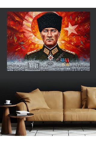 Türk Bayrağı, Kalpak Başlıklı Atatürk Ve Kahraman Türk Askeri Dekoratif Kanvas - Mdf Ahşap Tablo