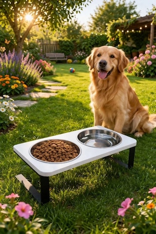 Reyo Ok-ay Store Radessa Xl Yüksek Standlı Çift Hazneli Mama Ve Su Kabı, Büyük Ve Orta Boy Köpek Ve Kedi Su Kabı Paslanmaz Çelik Beyaz