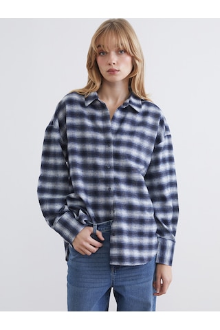 Lcw Vision Lacivert Ekose Oversize Kadın Oduncu Gömlek