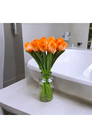 Yapay Çiçek Islak Lale Turuncu Renk 10 ' Lu Dizayn Premium Turuncu