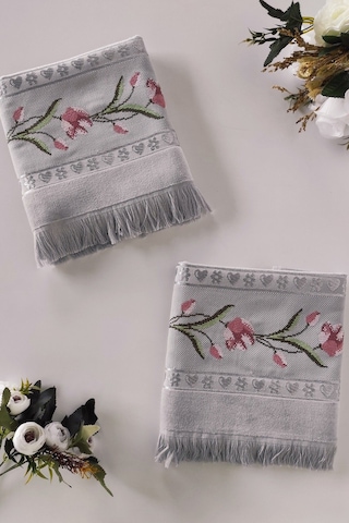 Gül Nakışlı Jakarlı Kadife El Yüz Havlusu - 50x90 Cm-gri Grı Gri