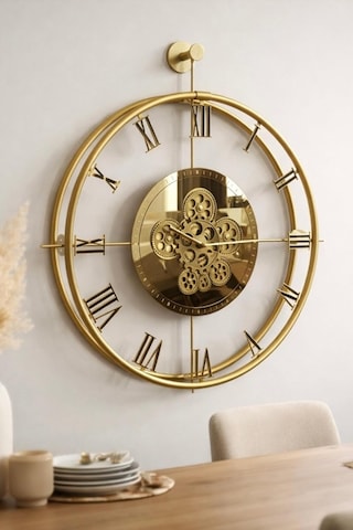 Metaquartz Aksesuar Full Gold Dönence - Çarklar Dönmektedir - Metal Çarklı Duvar Saati Gold 60 X 70 Çok Renkli