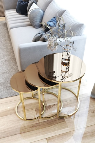 Faymend 3lü Lüx C Zigon Sehpa Gold Aynalı Altın