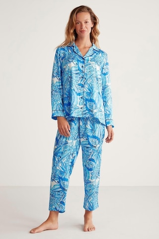 Penye Mood Kadın Uzun Kol Önden Düğmeli Mavi Pijama Takım C4t3n6o9 001