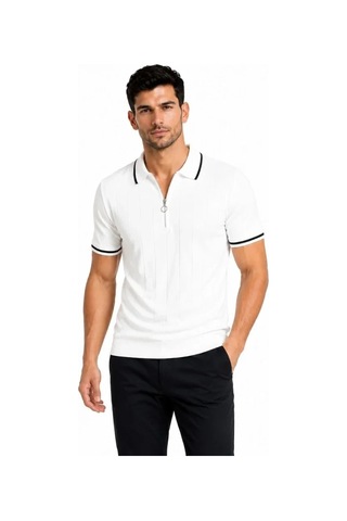 DefyModa Erkek Fitilli Triko T-shirt Polo Yaka Yarım Fermuarlı Kısa Kollu Tişört - Beyaz