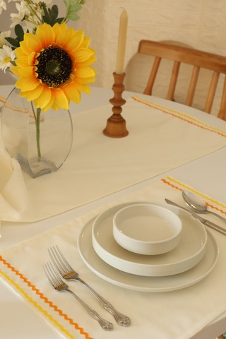 Yakacihome Ziggy 5 Parça 4 Parça Amerikan Servis & 1 Parça Runner Duck Keten Yıkanabilir Leke Tutmaz Set Krem