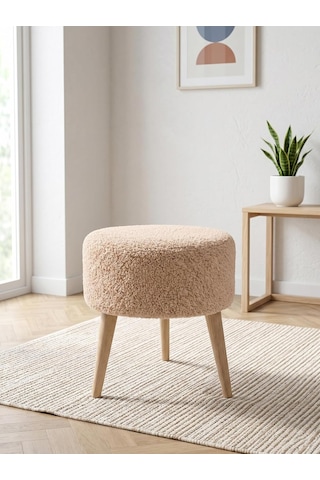 Yuvarlak Welsoft Tüylü Puf Koltuk - 40 Cm Naturel Ahşap Ayaklı Makyaj Ve Ayak Uzatma Pufu - Cappuccino Bej Çok Renkli