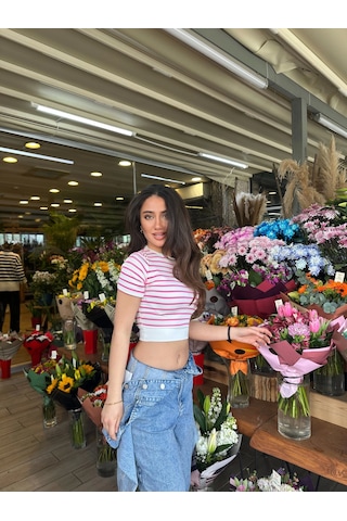 Fuşya Çizgili Manşet Detay T-shirt Çok Renkli