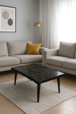 Modern Kavisli Orta Sehpa Mdf Üst Tabla Ahşap Ayaklı Desenli Siyah Siyah