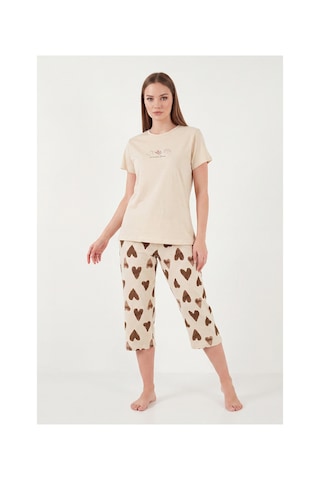 Lela Desenli Pamuklu Bisiklet Yaka Kaprili Pijama Takımı Bayan Pijama Takımı 65790787 Bej-kahve