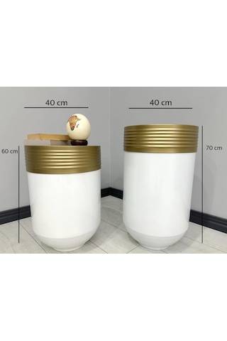Elegant Dekoratif Eskitme Darbuka Parlak Beyaz Saksı 70cm + Sehpa 60cm İkili Set