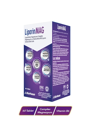 Liporinmag Magnezyum Complex Sitrat, Malat, Bisglisinat, Taurat, L-treonat B6 200 Mg 60 Tablet