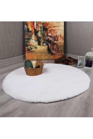 Dekoratif Tavşan Tüyü Ultra Yumuşak Peluş Yuvarlak Halı Beyaz