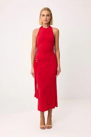 Benerly Kadın Halter Yaka Bodycon Midi Elbise %100 Polyester Kolsuz Astar Kırmızı