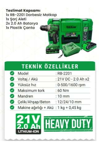 Hais Pro RB-2201 21V DC 2AH X2 Darbesiz Matkap