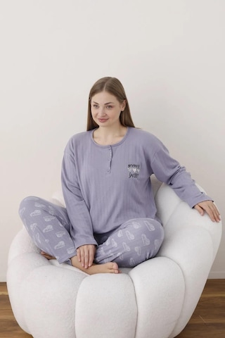 Boyraz Lindros Kadın Pamuklu Düğme Yaka Raporlu İnterlok Battal Pijama Takımı 05114 - 1 Adet Lila