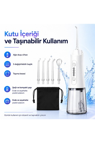 Şarjlı Ağız Duşu 320 Ml Su Hazneli 4 Modlu 20-140 Psı 1500 Mah Type-c Ipx7 5 Başlıklı Taşınabilir Ağız Bakım Cihazı